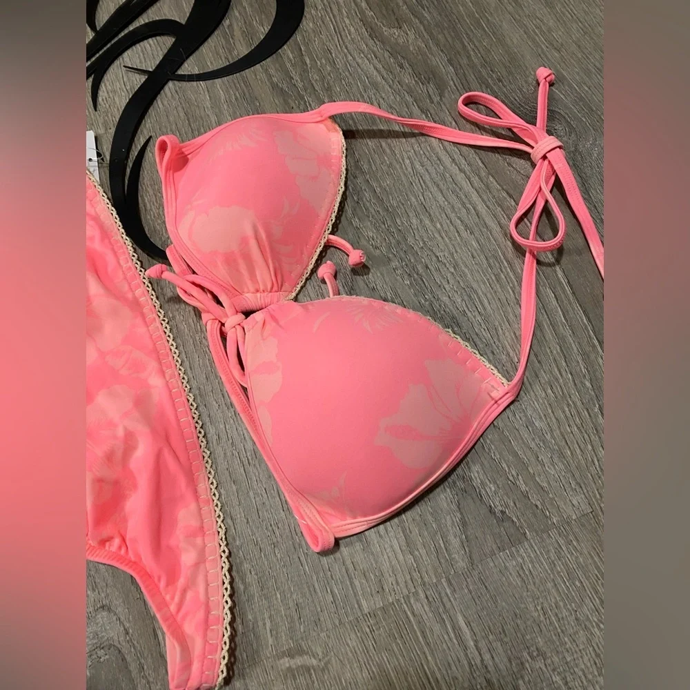 NWT Just Beach Pink Push Up Bikini Set Tropical Floral Cheeky Swim Medium
